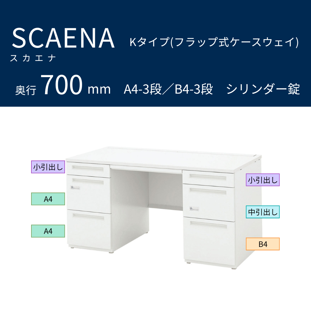 UCHIDA（内田洋行） SCAENA（スカエナ） 両袖デスク（奥行700mm） Kタイプ A4-3段／B4-3段 シリンダー錠