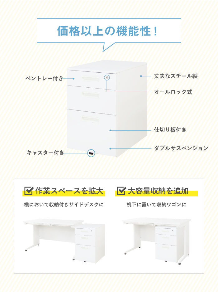 3段ワゴン オールロック式 本体:ホワイト･ニューグレー W395×D550×H616mm