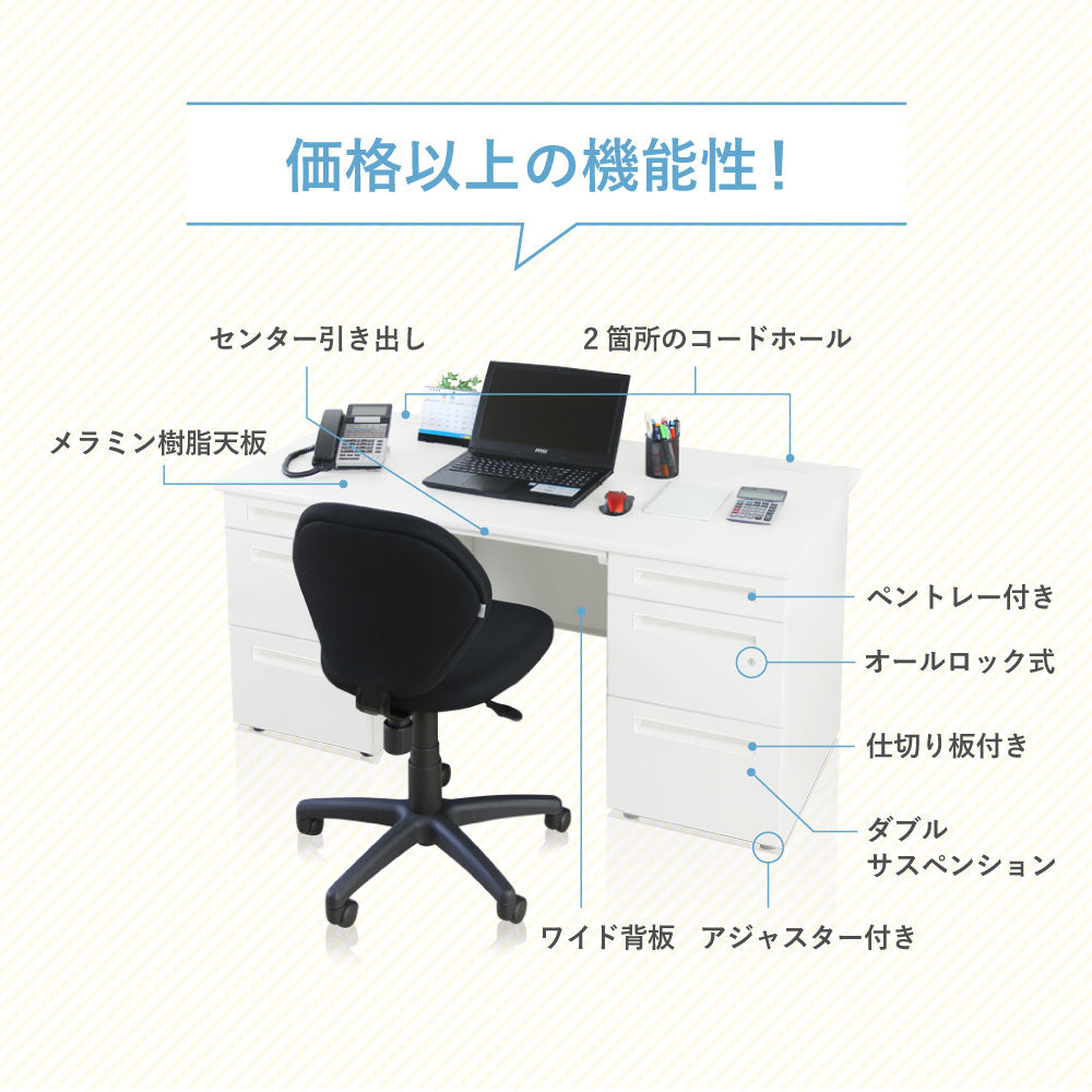 オフィスデスク 両袖机 引き出し付 本体:ホワイト・ニューグレー W1400×D700×H700mm