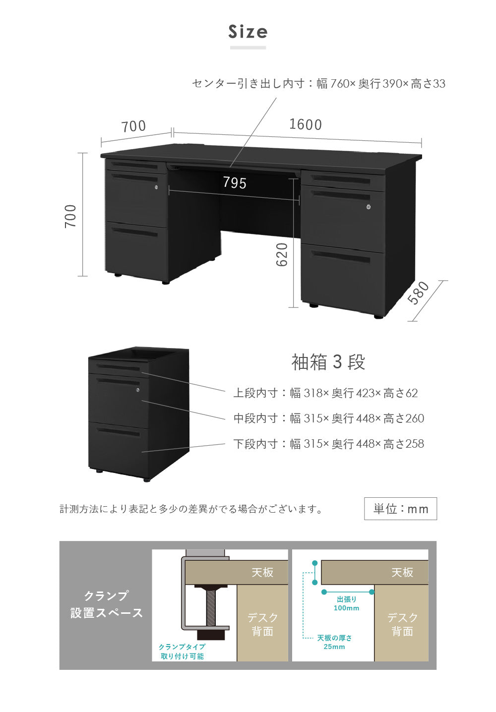 オフィスデスク 両袖机 引き出し付 本体:ブラック W1600×D700×H700mm